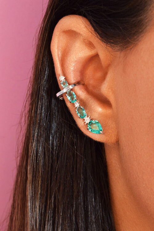 ear cuff de luxo em prata 925 com banho de rodio e pedras turmalina e estrelinhas com ponto de luz e pedras cristais joias finas em prata 925 waufen