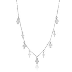 Gargantilha De Zirconias com Crucifixos e Estrelinhas Jóias Exclusivas em Prata 925 Rodio