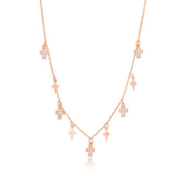 Gargantilha De Zirconias com Crucifixos e Estrelinhas Jóias Exclusivas em Prata 925 Ouro Rosé