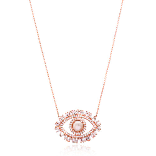Colar Olho Grego Luxo com Zirconias Baguetes em Prata 925 Ouro Rose