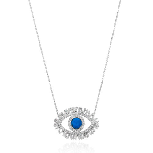 Colar Olho Grego Luxo com Zirconias Baguetes em Prata 925 Rodio