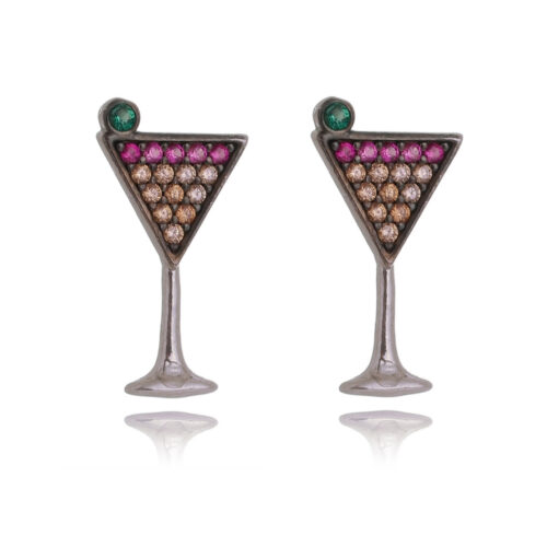 Mini Brinco Pequeno de Taça de Coquetel Colorido Prata 925 Rodio