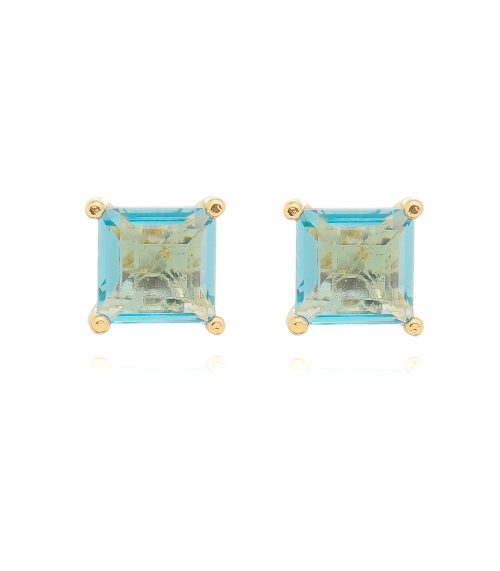 Brinco Luxo Quadrado Agua Marinha Ouro Joias Em Prata 925