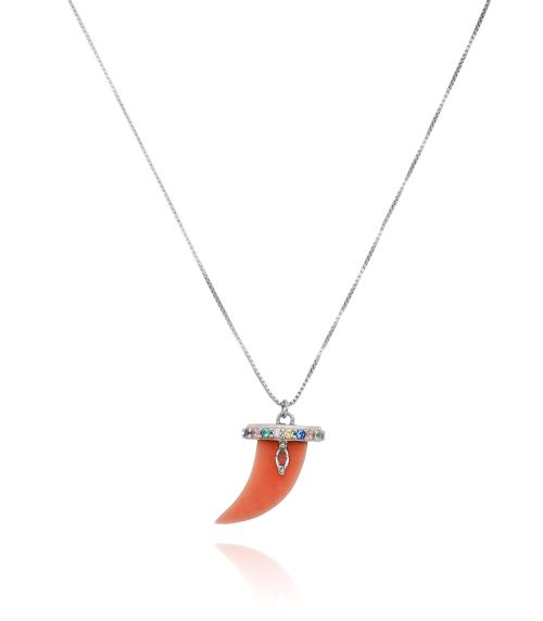 Colar de dente de sabre resina coral e espinelios prata 925 banho rodio